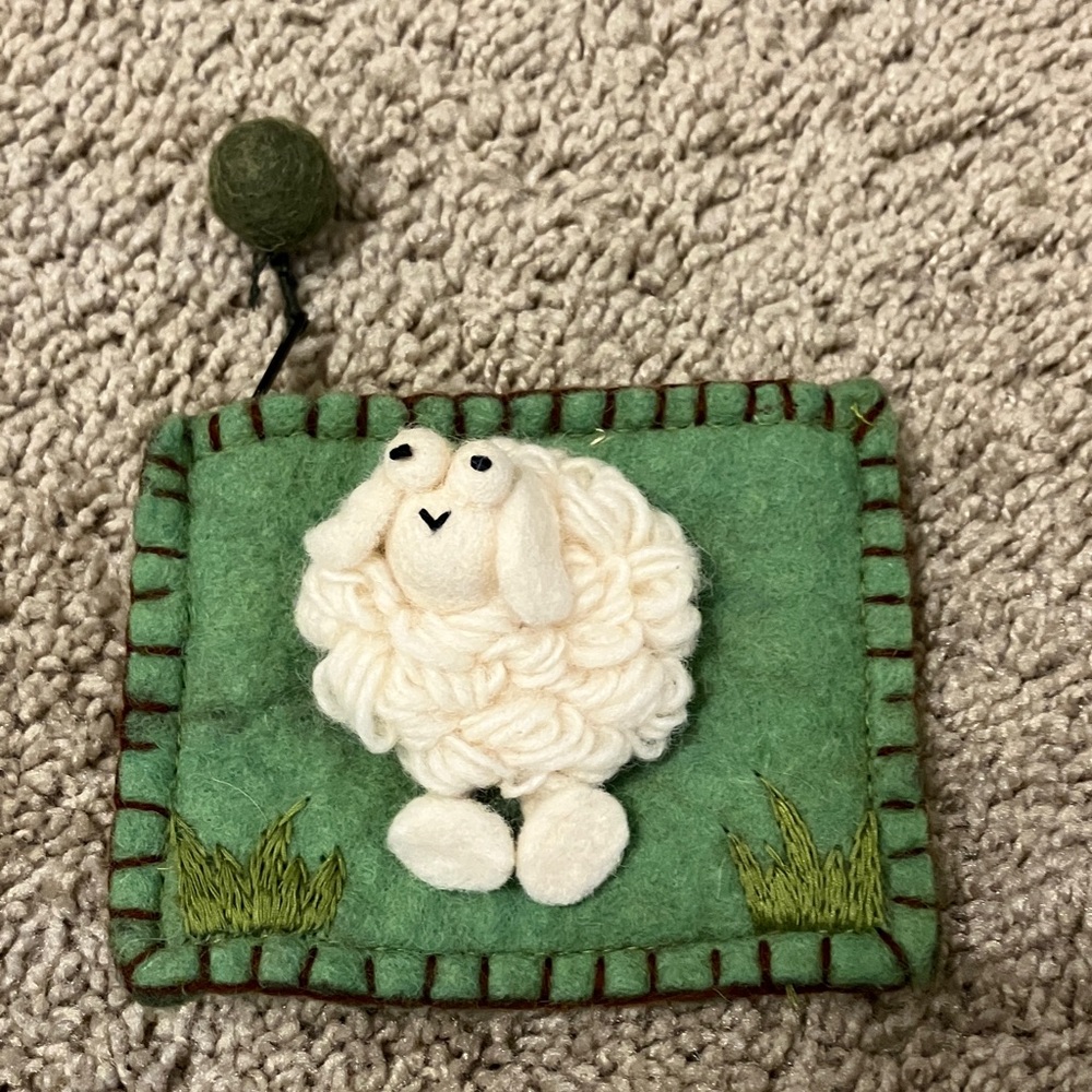 Green and White Sheep Felt Pouch